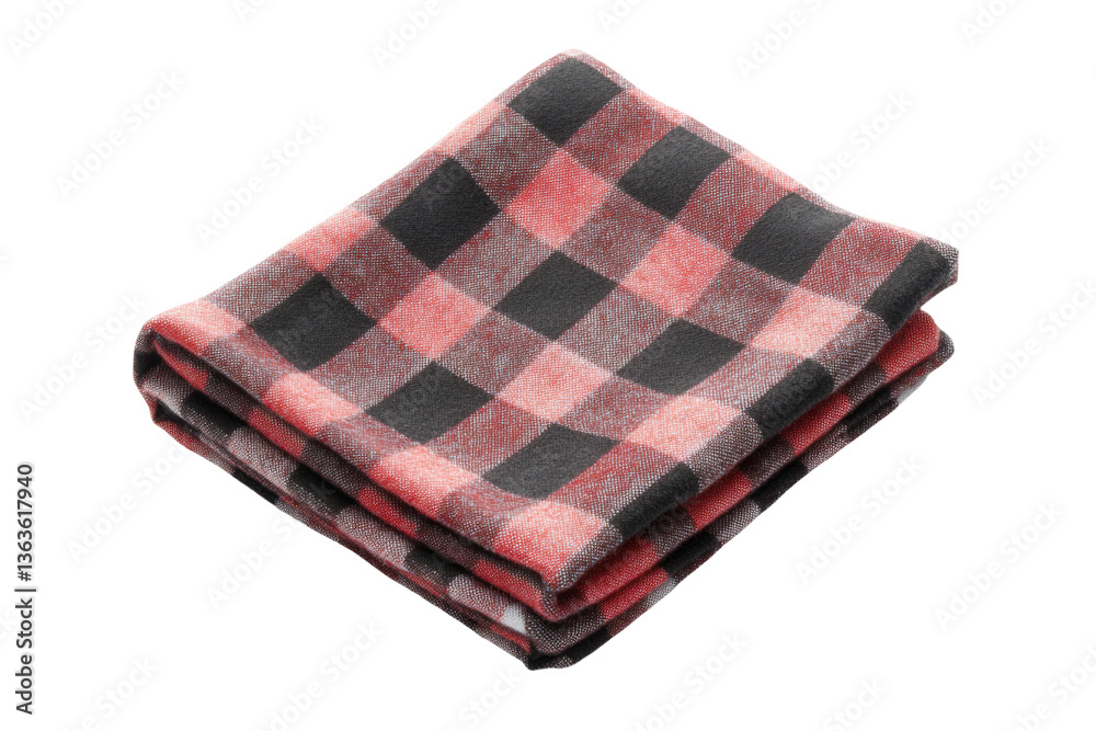 Folded red and black checkered plaid blanket on black background, cut out Folded red and black checkered plaid blanket on black background, cut out