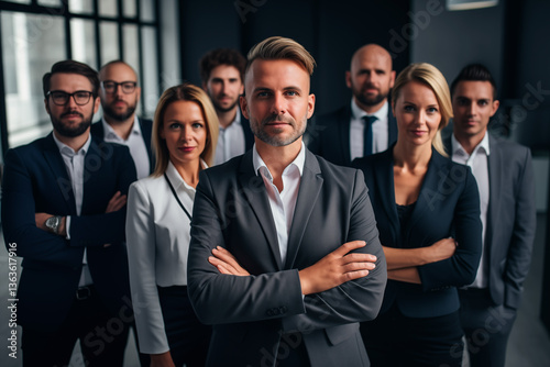 Team of businesspeople including men and women standing with arms crossed in office