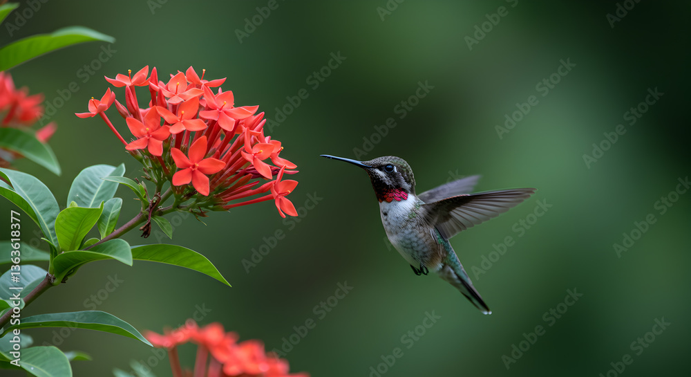 Fototapeta premium Hummingbird in flight approaches vibrant red flowers in a lush garden setting
