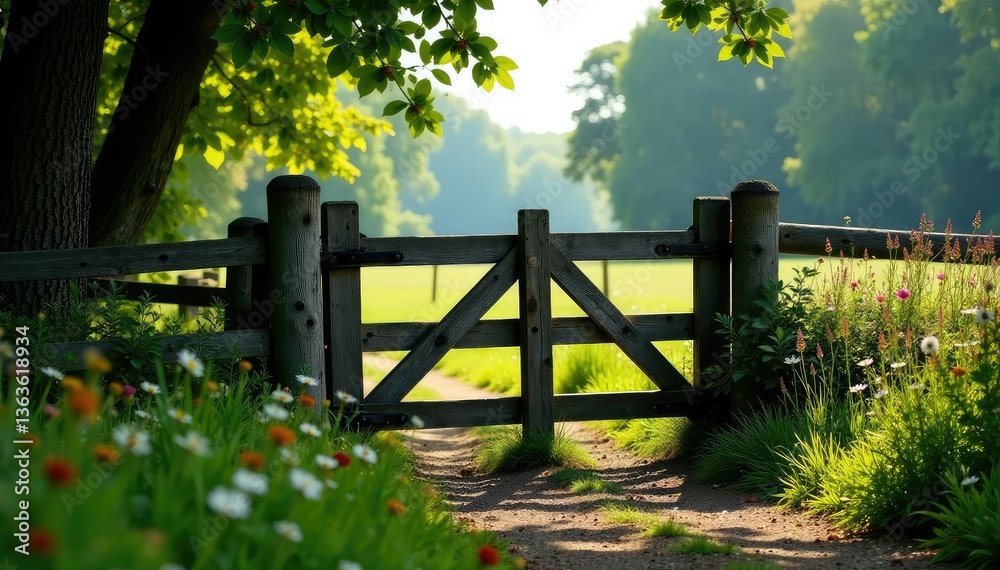Ornate wooden gate creaks as it swings on a fence post, countryside, gate, swing Ornate wooden gate creaks as it swings on a fence post, countryside, gate, swing