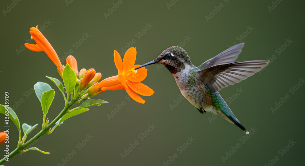 Fototapeta premium Hummingbird sipping nectar from vibrant orange trumpet vine blossoms mid-flight