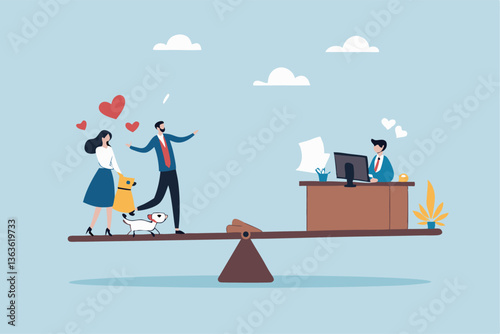 Work life balance, choose between family or hard work to be success, career opportunity or spend time with family, decision or responsibility concept, seesaw compare between family and man work hard.