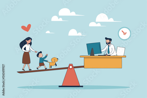 Work life balance, choose between family or hard work to be success, career opportunity or spend time with family, decision or responsibility concept, seesaw compare between family and man work hard.