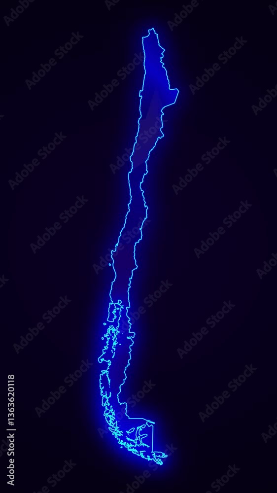 Chile Map Outline Country Border on dark blue. Neon Lights colorful animation transition. Flag of Chile. Animation in neon style. 4k Resolution. Chile Map Outline Country Border on dark blue. Neon Lights colorful animation transition. Flag of Chile. Animation in neon style. 4k Resolution.