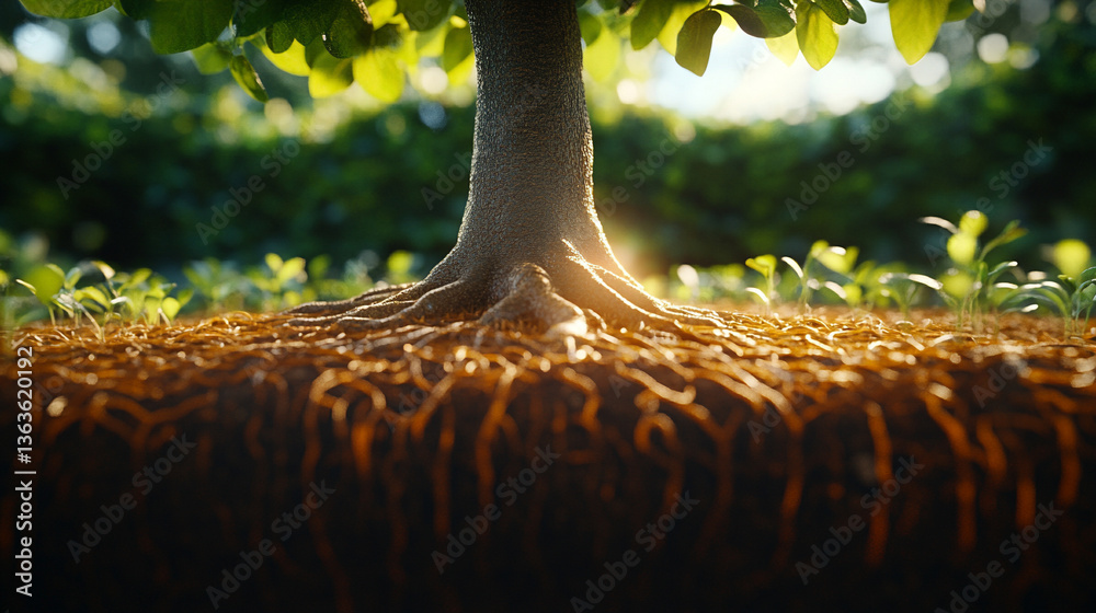 A modern representation of an entangled root system symbolizing deep analysis, interconnected causes, and the complexity of uncovering the root cause in problem-solving processes.