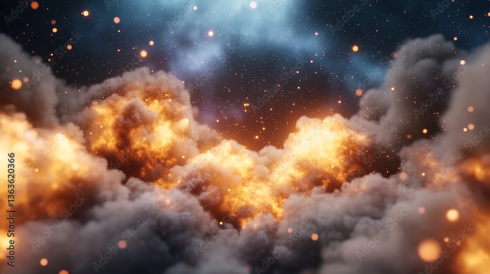 Dramatic explosion of fire & smoke. Magical, intense, ethereal scene