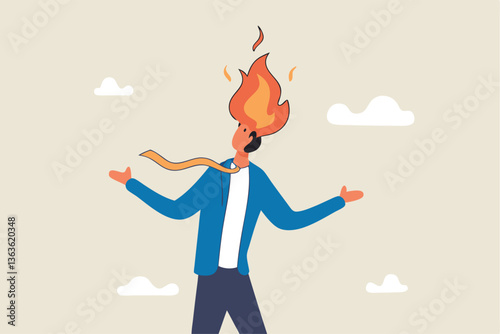 Burnout stressed or work anxiety causing depression or exhausted, tired from overworked or overload job, fatigue or trouble on emotional despair concept, businessman with burning matchstick head.