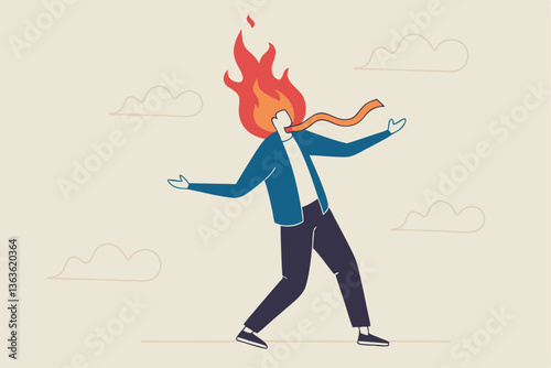 Burnout stressed or work anxiety causing depression or exhausted, tired from overworked or overload job, fatigue or trouble on emotional despair concept, businessman with burning matchstick head.