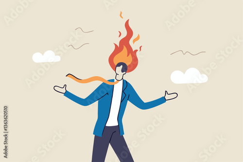Burnout stressed or work anxiety causing depression or exhausted, tired from overworked or overload job, fatigue or trouble on emotional despair concept, businessman with burning matchstick head.