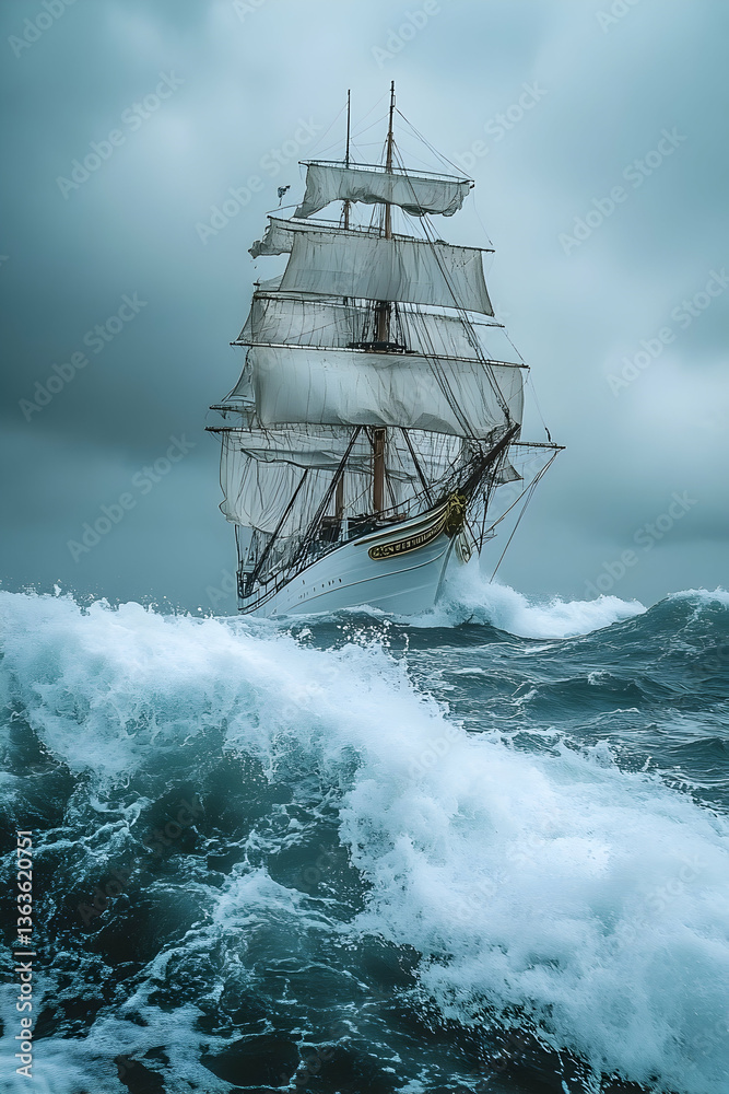 Obraz premium Tall ship sails through stormy waters, battling crashing waves under dark skies