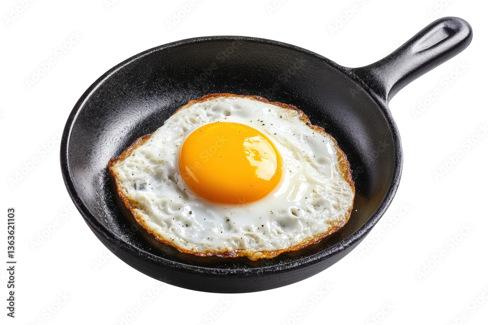 Perfectly cooked sunny-side-up egg in black cast-iron skillet, cut out Perfectly cooked sunny-side-up egg in black cast-iron skillet, cut out