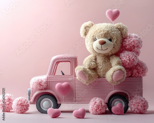 Adorable teddy bear sitting in a pink toy truck surrounded by fluffy hearts