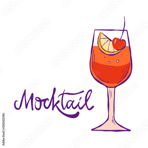 Vector illustration of red mocktail with cherry and slice of orange in a tall glass. Hand-drawn sketch of non-alcohol drink with hand lettering. Cocktail art for web banner, menu, advert, or print. 
