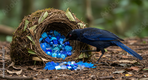 Mesmerizing display of artistic talent, bowerbird meticulously decorates its nest with captivating blue objects