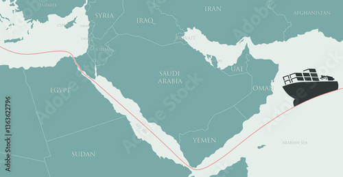 Tablou pe pânză Route of merchant ships transporting goods through the Red Sea on the map