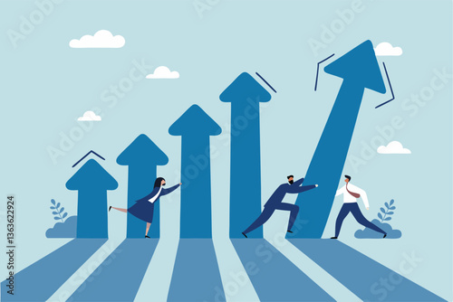Teamwork to help business growth, team success or increase performance, improvement or growing business, career growth or effort to succeed concept, business people team help build growth graph chart.