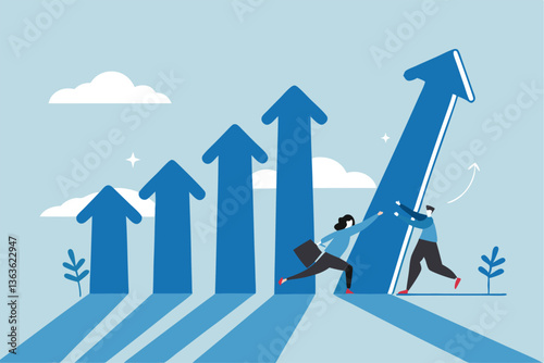 Teamwork to help business growth, team success or increase performance, improvement or growing business, career growth or effort to succeed concept, business people team help build growth graph chart.
