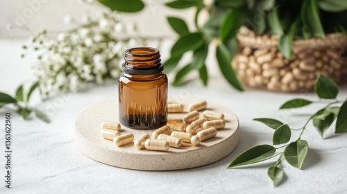 Amber bottle with beige capsules, set against blurred foliage backdrop. It represents natural medicine, vitamins, or wellness supplements.