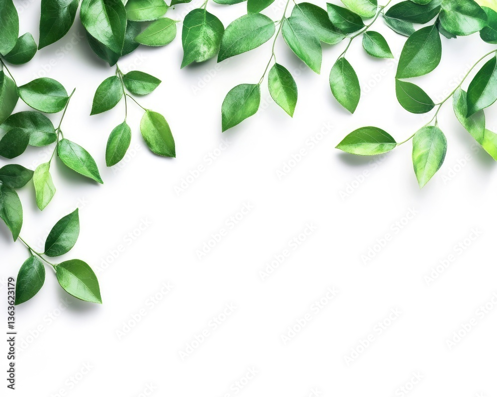 Naklejka premium Green Leaf Arrangement on White Background for a Natural Border Effect