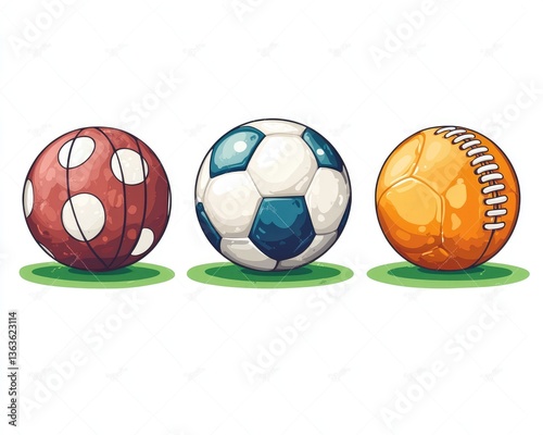 Colorful collection of sports balls on green grass, showcasing various types