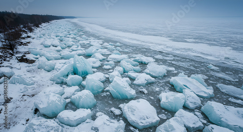 Icy Embrace: Frozen shoreline adorns with sculpted ice formations in frigid landscape
