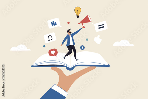 Storytelling communicate brand story or idea to listener, narrative message, content or article writing or advertising creativity concept, young man on opening book telling story on megaphone.