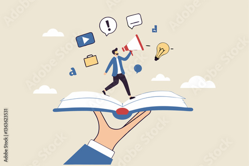 Storytelling communicate brand story or idea to listener, narrative message, content or article writing or advertising creativity concept, young man on opening book telling story on megaphone.
