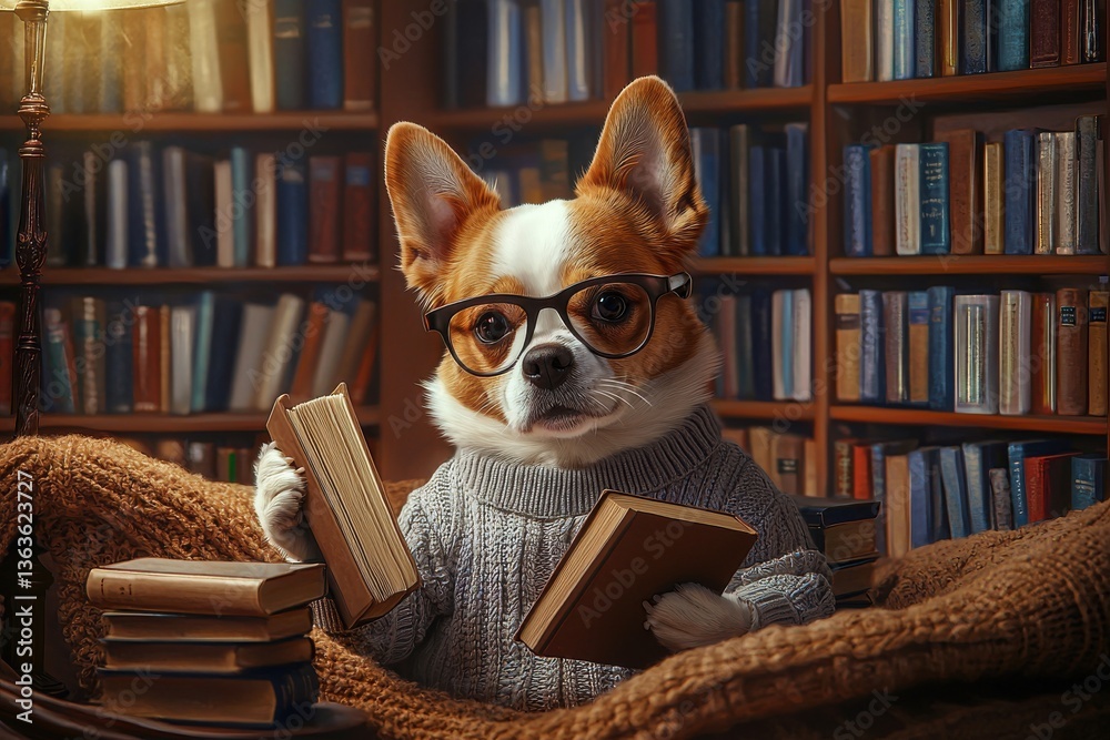 A charming corgi wearing glasses and a cozy sweater is engrossed in reading books, surrounded by a classic library with warm lighting and a comfy blanket. A charming corgi wearing glasses and a cozy sweater is engrossed in reading books, surrounded by a classic library with warm lighting and a comfy blanket.