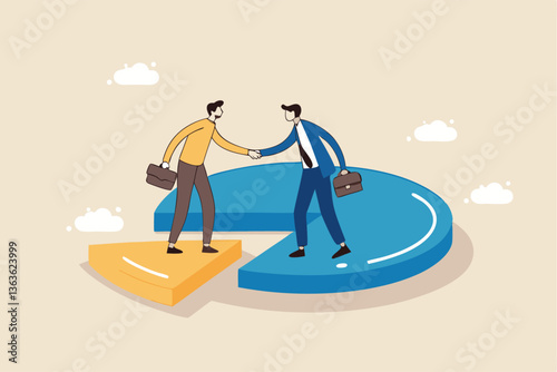 Shareholder or stakeholders, sharing benefits or merger and acquisition, partnership or collaboration, market share or agreement concept, businessmen handshaking on pie chart to share profit together.