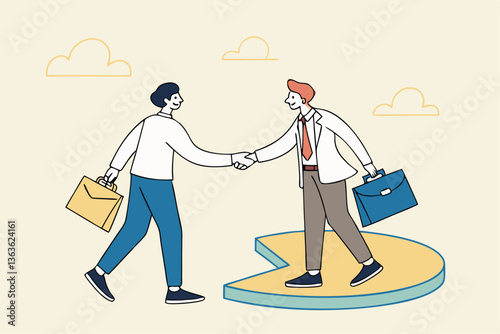 Shareholder or stakeholders, sharing benefits or merger and acquisition, partnership or collaboration, market share or agreement concept, businessmen handshaking on pie chart to share profit together.