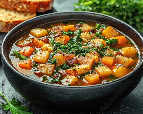 Hearty vegetable soup with diced squash and herbs in a black bowl, rustic setting