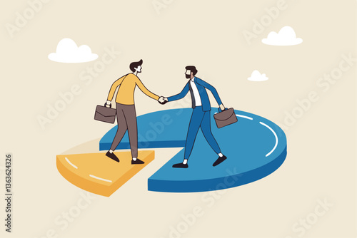 Shareholder or stakeholders, sharing benefits or merger and acquisition, partnership or collaboration, market share or agreement concept, businessmen handshaking on pie chart to share profit together.