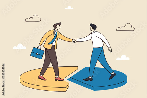 Shareholder or stakeholders, sharing benefits or merger and acquisition, partnership or collaboration, market share or agreement concept, businessmen handshaking on pie chart to share profit together.