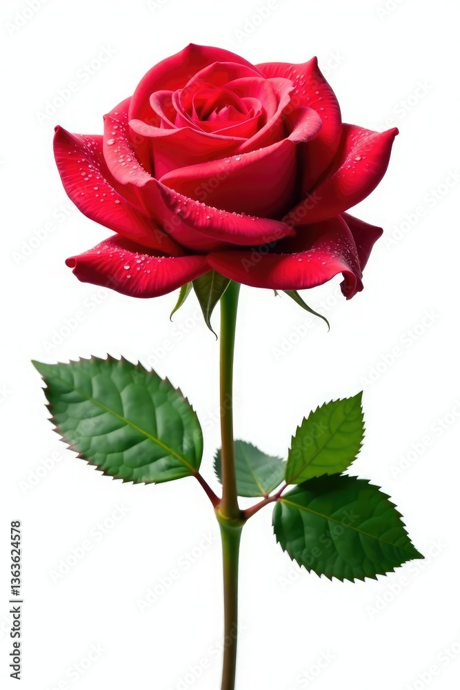 Fototapeta premium Single rose bloom with dew drops on a white background isolated, floral, petals, flower