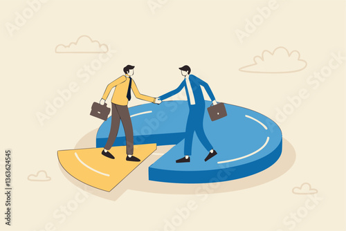 Shareholder or stakeholders, sharing benefits or merger and acquisition, partnership or collaboration, market share or agreement concept, businessmen handshaking on pie chart to share profit together.