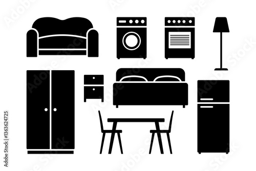 Furniture icon set. Black silhouette. Front side view. Vector simple flat graphic illustration. Isolated object on white background. Isolate.
