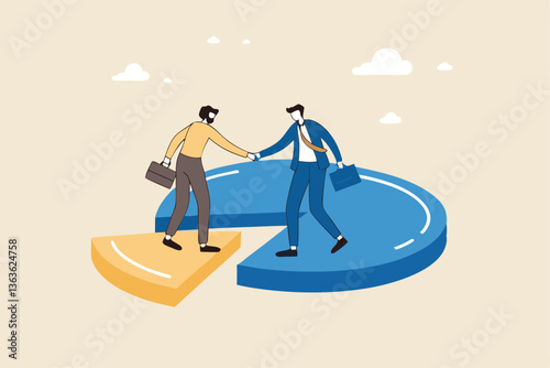 Shareholder or stakeholders, sharing benefits or merger and acquisition, partnership or collaboration, market share or agreement concept, businessmen handshaking on pie chart to share profit together.