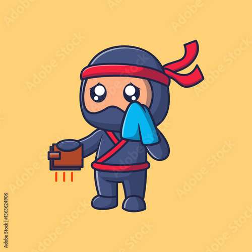 Cute ninja holding empty wallet cartoon icon illustration	