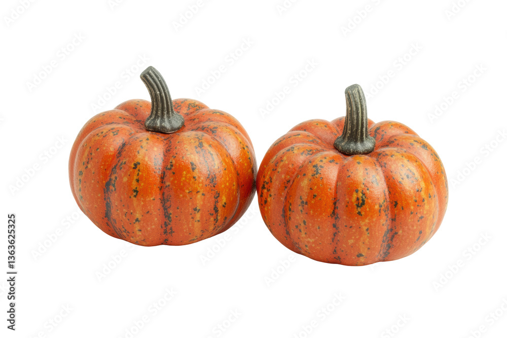 Fototapeta premium Two small orange pumpkins with variegated stripes on black background, cut out