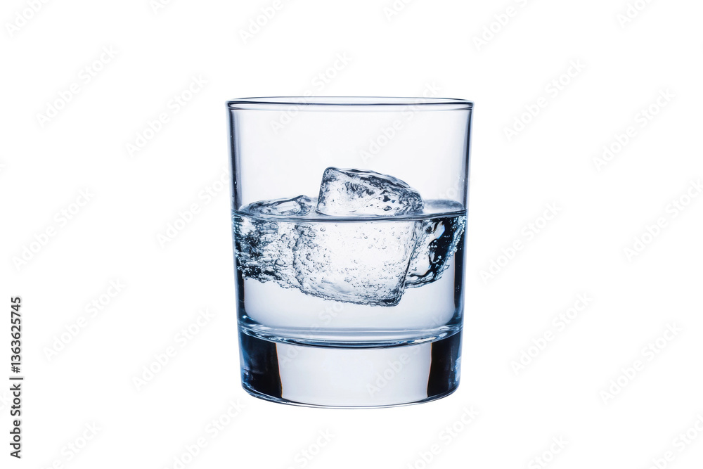 Clear glass of ice water with ice cubes on black background, cut out