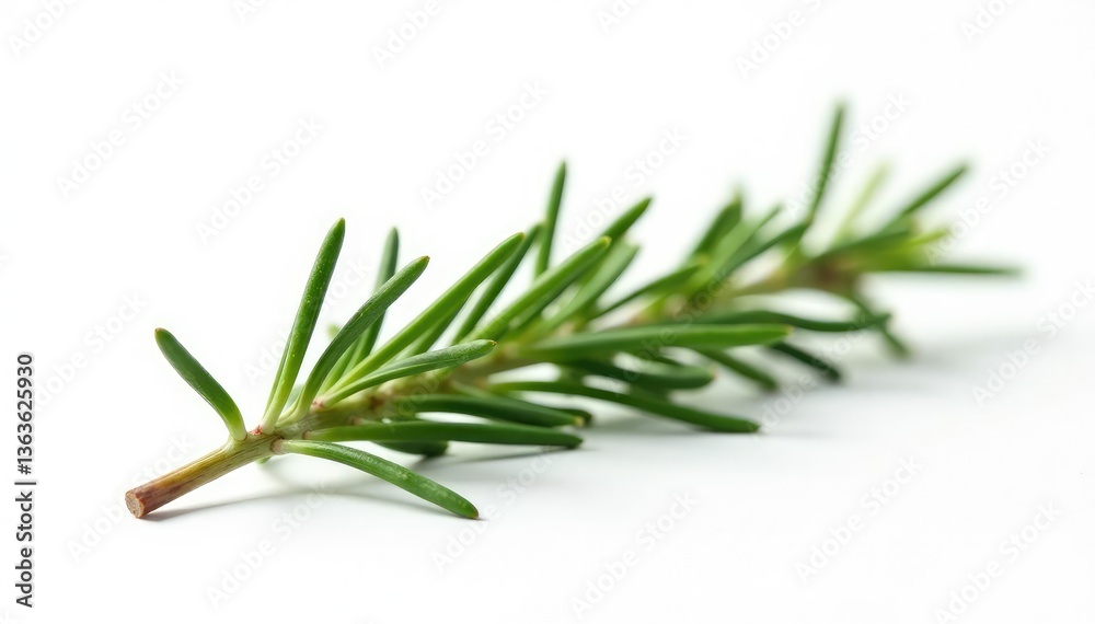 Fototapeta premium Single sprig of rosemary with a few needles isolated on white background, decorative, needle