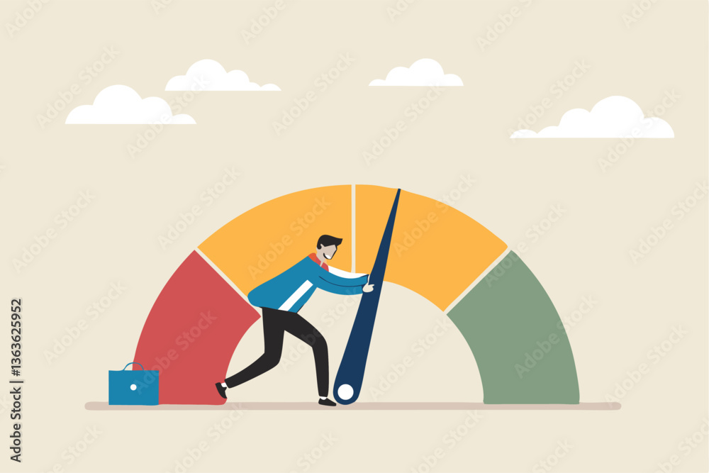 Push skill level, credit score or increase performance, improvement or effort to be better, excellent customer feedback review, gauge scale rating concept, businessman pushing skill performance gauge. Push skill level, credit score or increase performance, improvement or effort to be better, excellent customer feedback review, gauge scale rating concept, businessman pushing skill performance gauge.