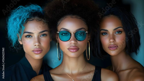 Three women of color, stylish hair, diverse looks, elegant