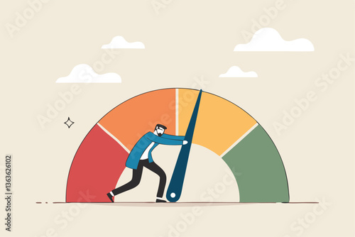 Push skill level, credit score or increase performance, improvement or effort to be better, excellent customer feedback review, gauge scale rating concept, businessman pushing skill performance gauge.