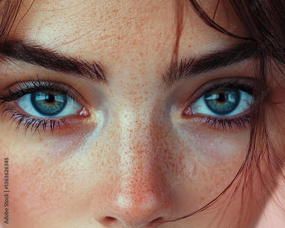 Fototapeta premium Close-up portrait of a young woman with striking blue eyes and freckles
