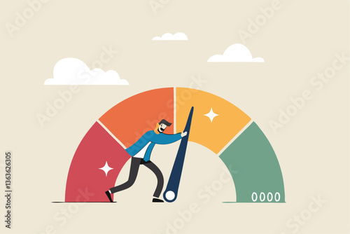 Push skill level, credit score or increase performance, improvement or effort to be better, excellent customer feedback review, gauge scale rating concept, businessman pushing skill performance gauge.