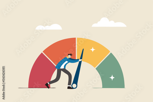 Push skill level, credit score or increase performance, improvement or effort to be better, excellent customer feedback review, gauge scale rating concept, businessman pushing skill performance gauge.