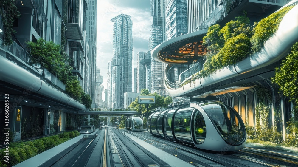 Fototapeta premium A utopian futuristic city street, green energy-powered public transport, sleek architecture --ar 16:9 --v 6.1 Job ID: 86a46176-876d-4488-985e-83fe77c693d7