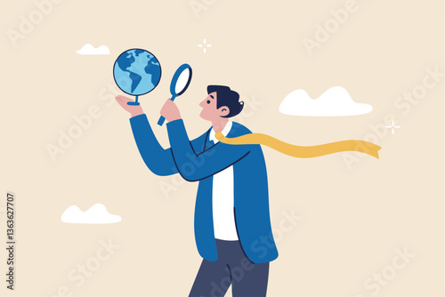 Global world economic analysis, international work opportunity, oversea research or investment country risk, region or foreign career searching concept, businessman analyze global world business.