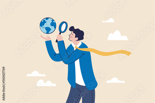 Global world economic analysis, international work opportunity, oversea research or investment country risk, region or foreign career searching concept, businessman analyze global world business.